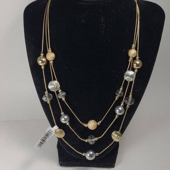 Layered Strand Beaded Textured Discs Dual-Tone Necklace Design - Women - NWT - Picture 1 of 9